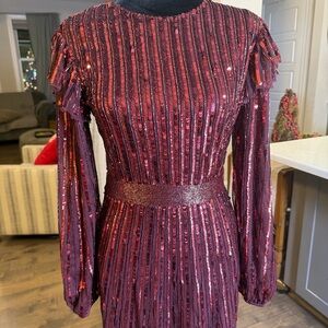 Mac Duggal Long Sleeve Sequin Dress in Burgendy